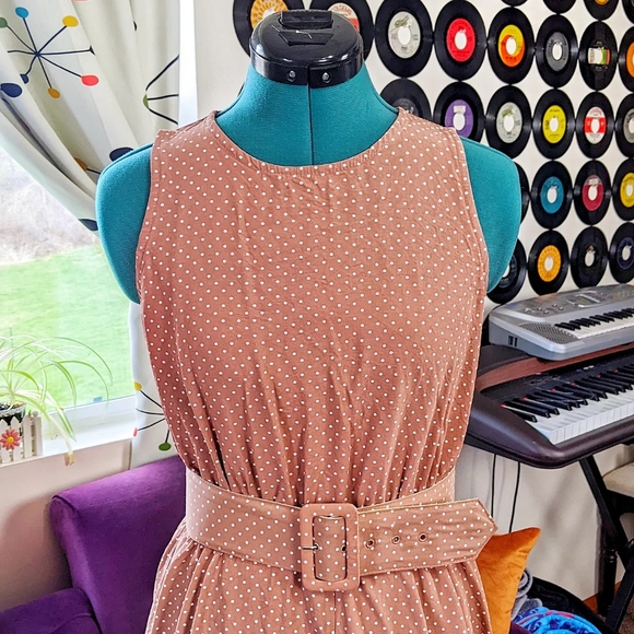 Pretty Woman Polka Dot Dress Vintage 1980s Wide Belt Swing Retro Brown & White - Picture 6 of 8